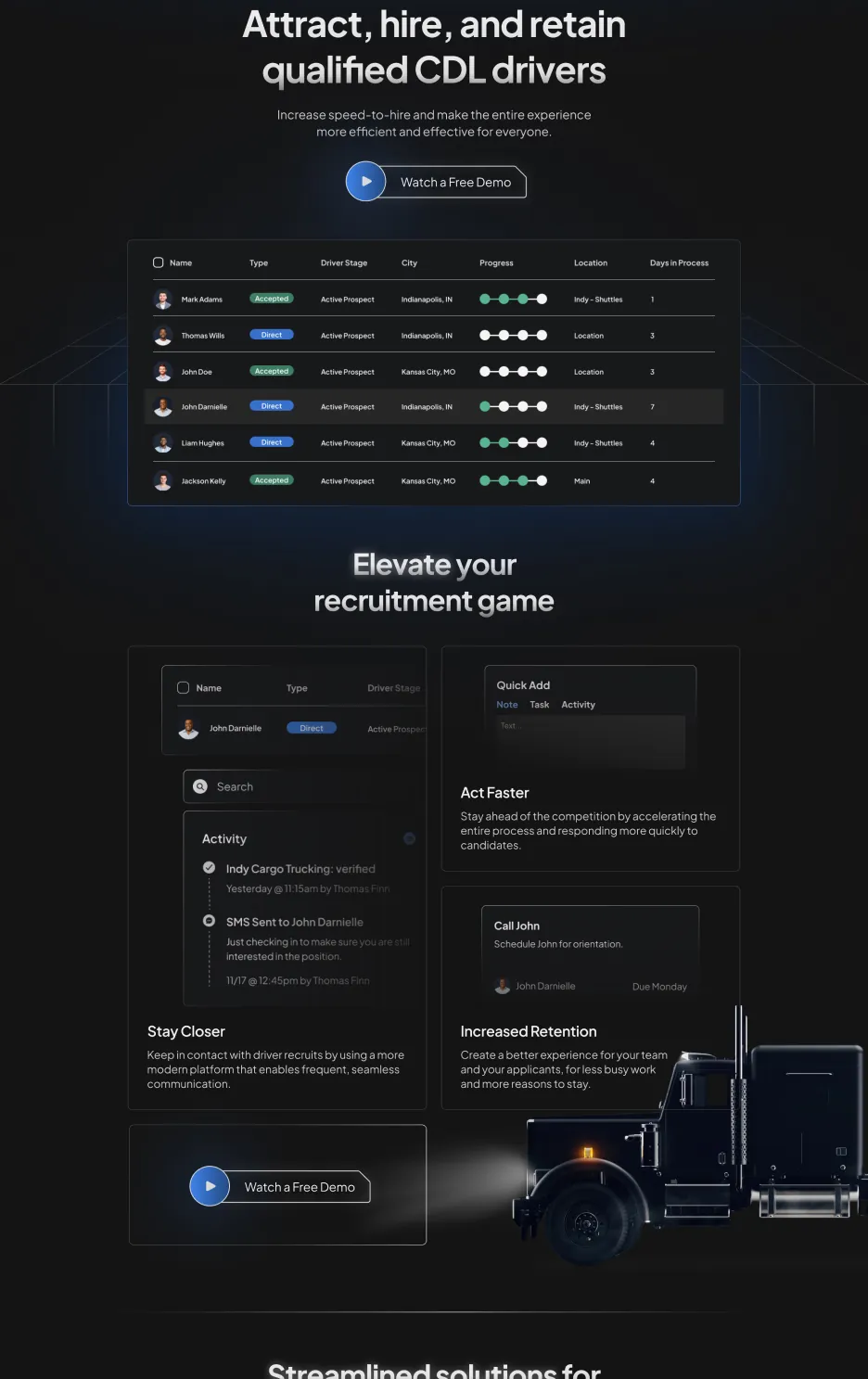 Second section of a web design project for a truck software company presented only on mobile